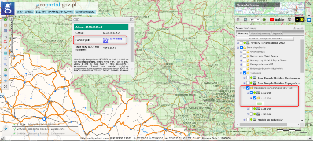 Rys2. Ilustracja przedstawia zrzut ekranu z serwisu www.geoportal.gov.pl prezentujący sposób pobierania wizualizacji kartograficznych BDOT10k.