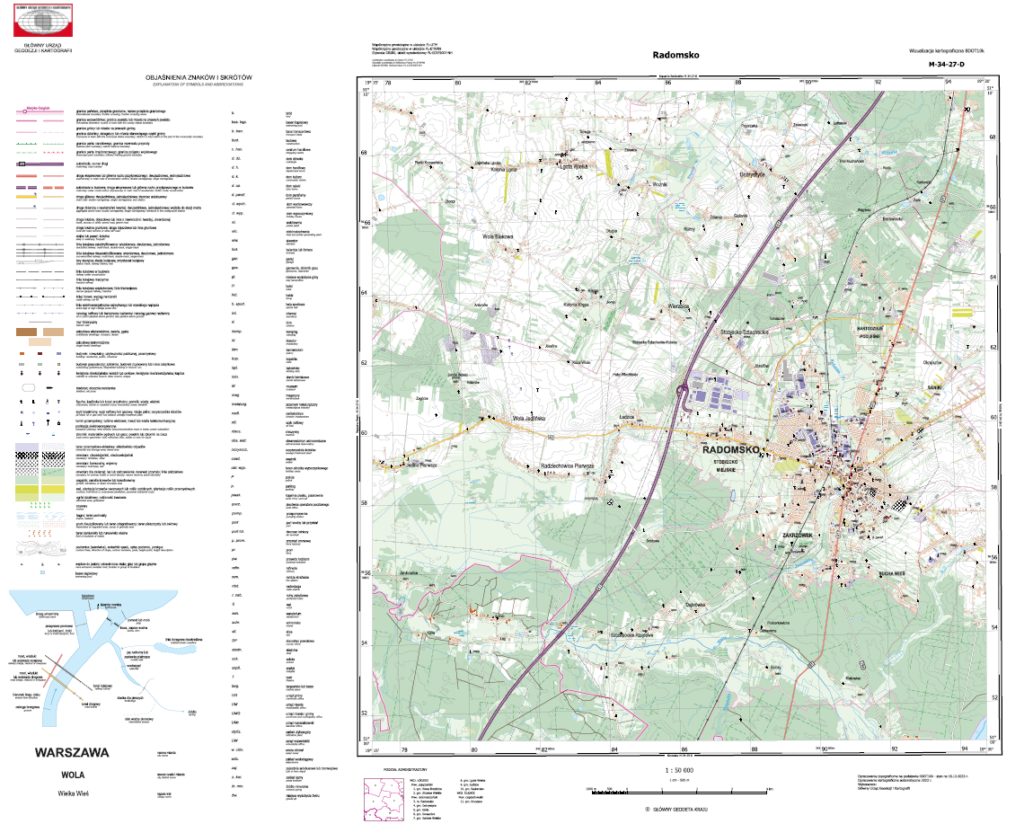 rys1- Ilustracja przedstawia przykładową wizualizację kartograficzną BDOT10k w skali 1:50000 dla m. Radomsko