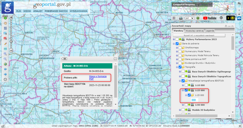 Ilustracja przedstawia zrzut ekranu z serwisu www.geoportal.gov.pl prezentujący sposób pobierania wizualizacji kartograficznych BDOT10k.