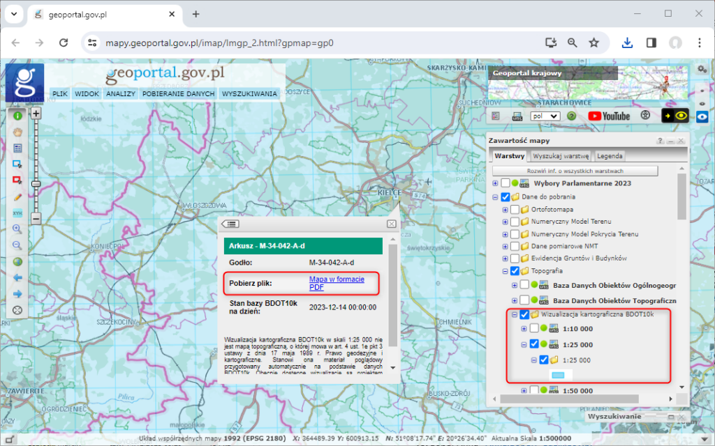 Ilustracja przedstawia zrzut ekranu z serwisu www.geoportal.gov.pl prezentujący sposób pobierania wizualizacji kartograficznych BDOT10k.