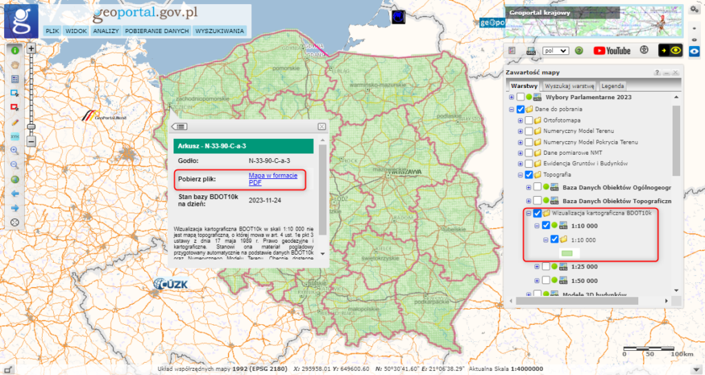 Ilustracja przedstawia zrzut ekranu z serwisu www.geoportal.gov.pl prezentujący sposób pobierania wizualizacji kartograficznych BDOT10k.