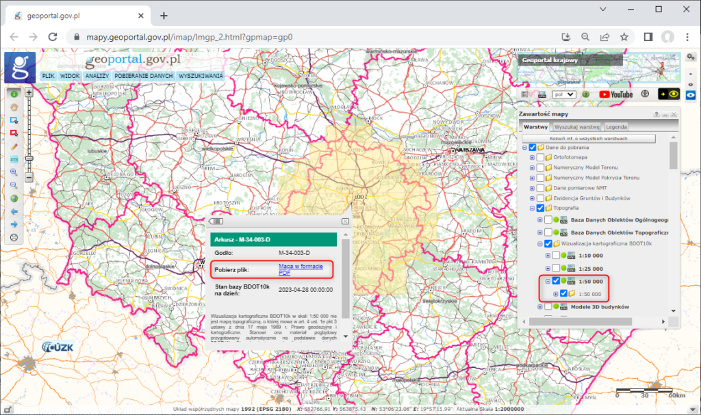 rys2- Ilustracja przedstawia zrzut z serwisu www.geoportal.gov.pl pokazujący sposób pobierania wizualizacji kartograficznych BDOT10k