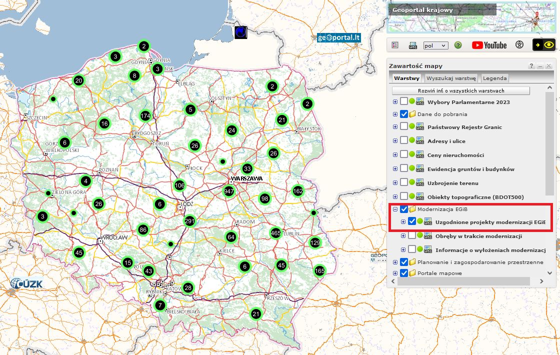 Rys1: Ilustracja przedstawia zrzut ekranu z serwisu www.geoportal.gov.pl prezentujący warstwę „Uzgodnione projekty modernizacji EGiB”.