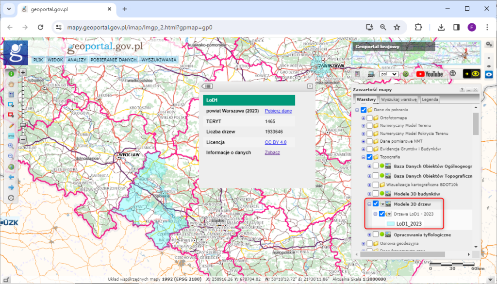 zrzut przedstawia sposób pobierania modeli 3D drzew w serwisie www.geoportal.gov.pl