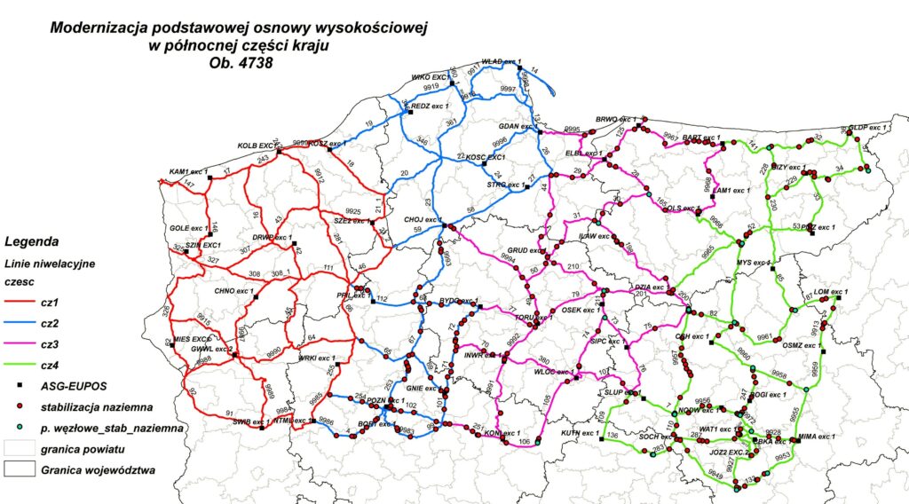 Ilustracja przedstawia fragment mapy Polski z przebiegiem linii niwelacyjnych planowanych do pomiaru w ramach poszczególnych części ogłoszonego postępowania przetargowego.