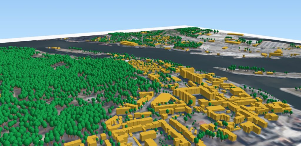 zrzut przedstawia wygenerowane modele 3D drzew wraz z modelami 3D budynków dla Świnoujscia.