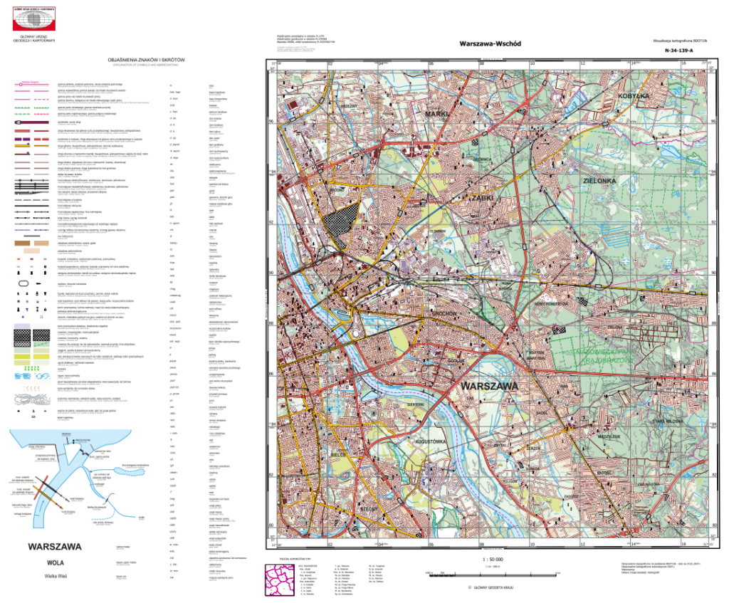 Ilustracja przedstawia zrzut ekranu z przykładową wizualizacją kartograficzną BDOT10k w skali 1:50 000 dla Warszawy.