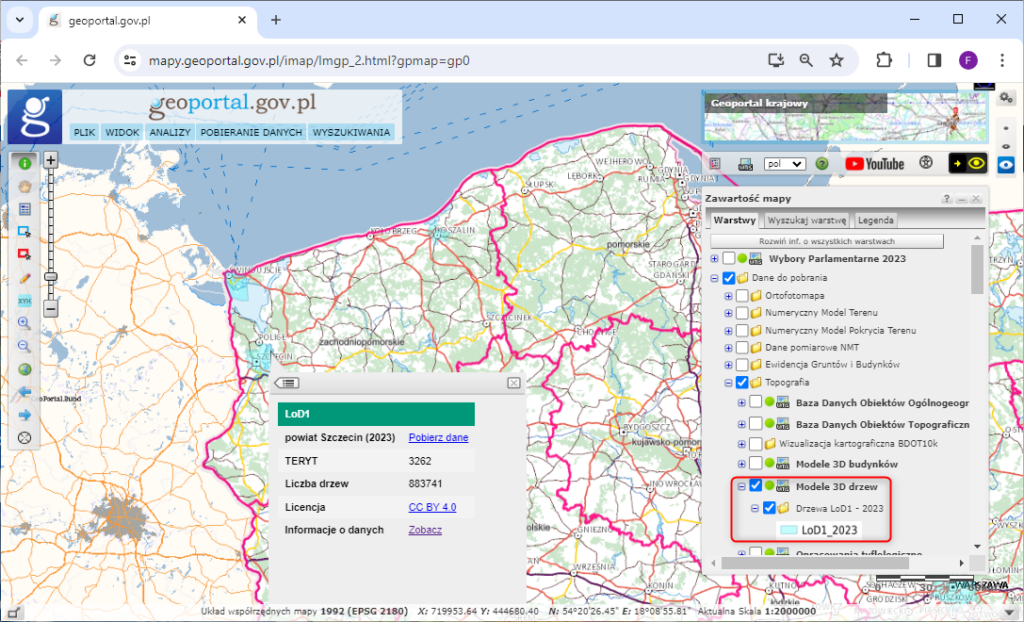 zrzut przedstawia sposób pobierania modeli 3D drzew w serwisie www.geoportal.gov.pl 