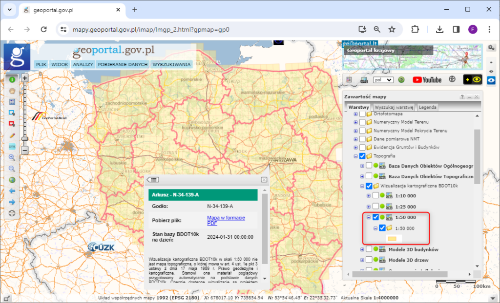 Ilustracja przedstawia zrzut ekranu z serwisu www.geoportal.gov.pl prezentujący sposób pobierania wizualizacji kartograficznych BDOT10k.