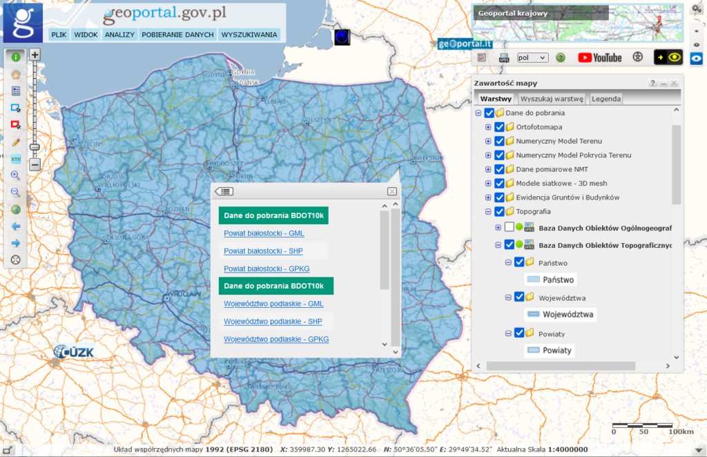 Ilustracja przedstawia sposób pobierania danych z portalu geoportal.gov.pl