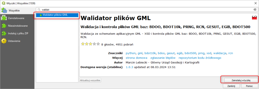 rys2 - zrzut ekranu przedstawiający sposób dodania wersji eksperymentalnej wtyczki "Walidator plików GML" w QGIS