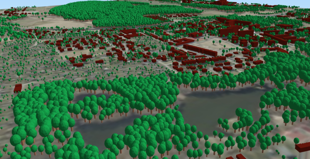 rys1 - zrzut ekranu przedstawiający wygenerowane modele 3D drzew wraz z modelami 3D budynków.