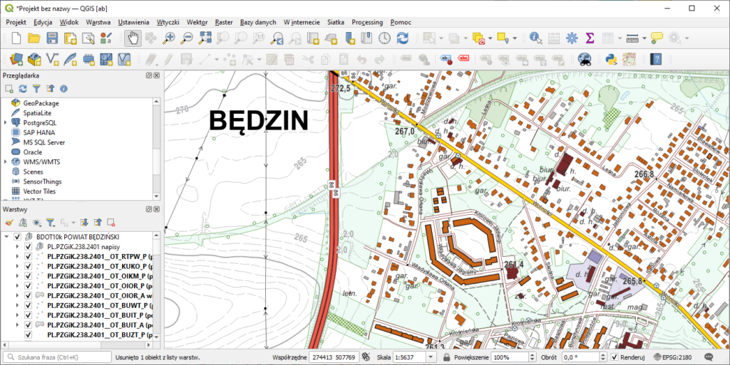 przedstawia zrzut danych BDOT10k w oprogramowaniu QGIS za pomocą wtyczki BDOT10k_GML_SHP