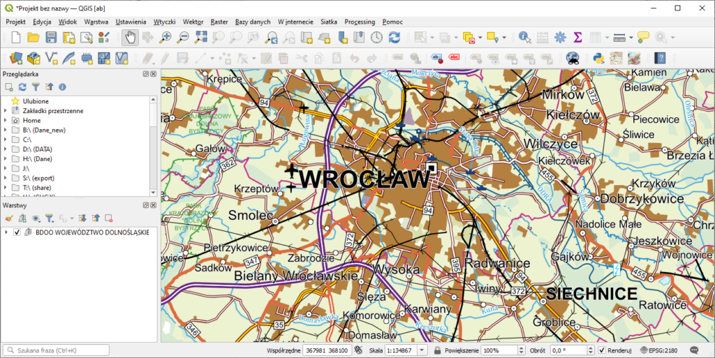 rys1 - Ilustracja przedstawia zrzut danych BDOO w oprogramowaniu QGIS za pomocą wtyczki BDOO_GML