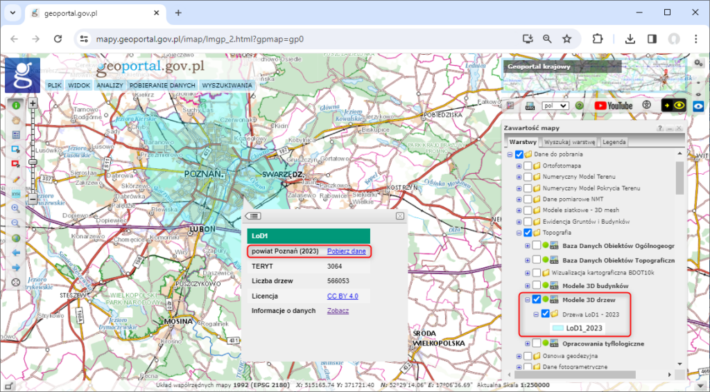 zrzut ekranu przedstawiający sposób pobierania modeli 3D drzew w serwisie www.geoportal.gov.pl