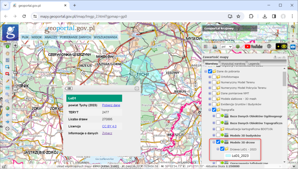 rys2 - zrzut ekranu przedstawiający sposób pobierania modeli 3D drzew w serwisie www.geoportal.gov.pl