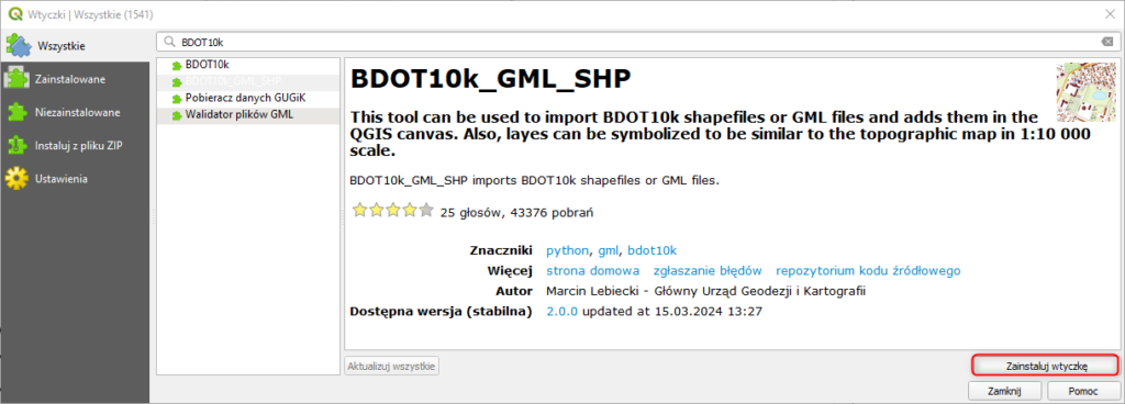 przedstawia sposób instalacji wtyczki BDOT10k_GML_SHP w oprogramowaniu QGIS