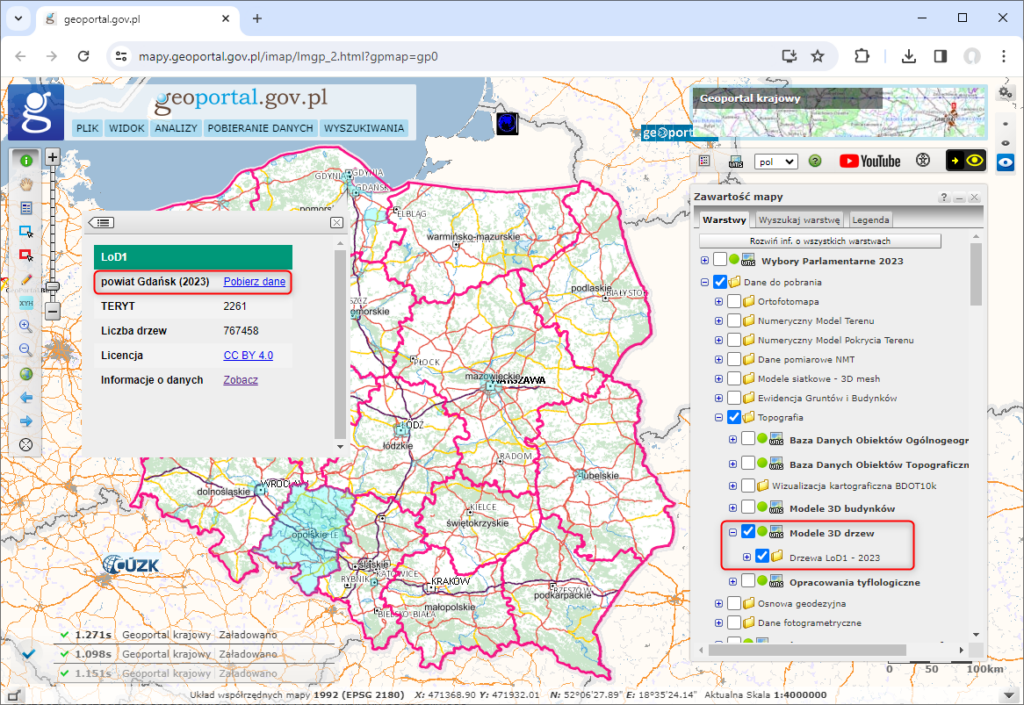 zrzut ekranu przedstawiający sposób pobierania modeli 3D drzew w serwisie www.geoportal.gov.pl