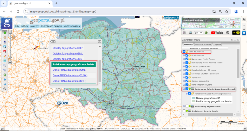 Ilustracja przedstawia okno strony geoportal.gov.pl z oznaczoną warstwą "dane do pobrania" i podwarstwą "Państwowy rejestr nazw geograficznych"