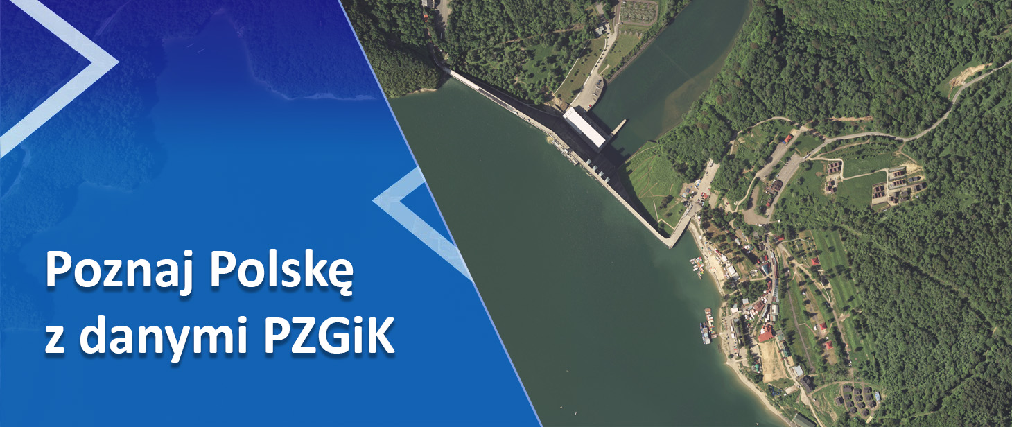 grafika z napisem "Poznaj Polskę z danymi PZGiK" i zdjęciem z PZGiK przedstawiającym Jezioro Solińskie