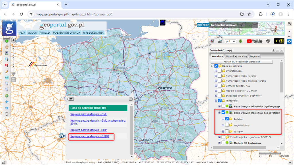 Ilustracja przedstawia sposób pobierania danych BDOT10k z portalu geoportal.gov.pl