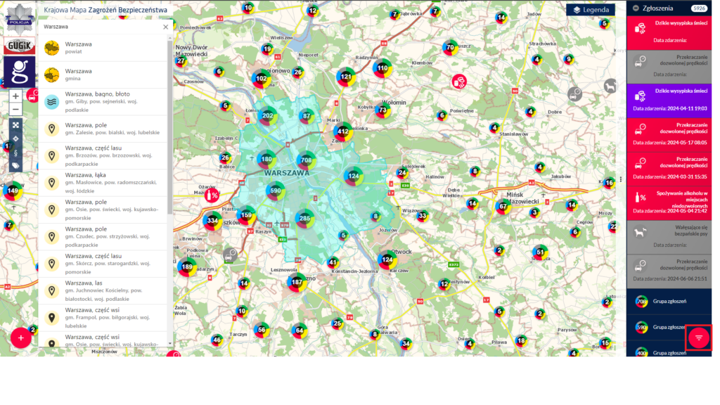 rys7 - przedstawia zgłoszenia KMZB w warszawie i okolicach