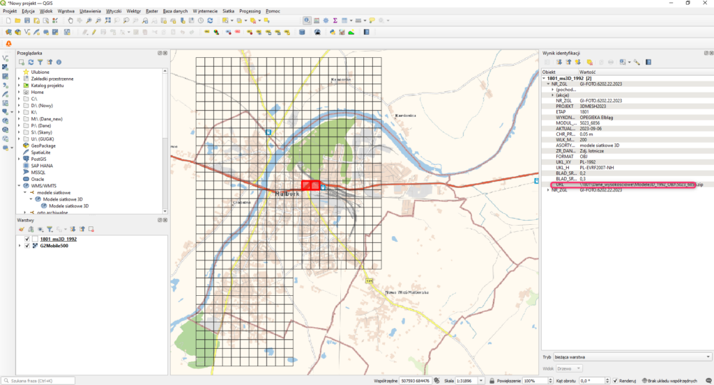 Rysunek 3 Ilustracja procesu pobierania arkusza ortofotomapy w QGIS