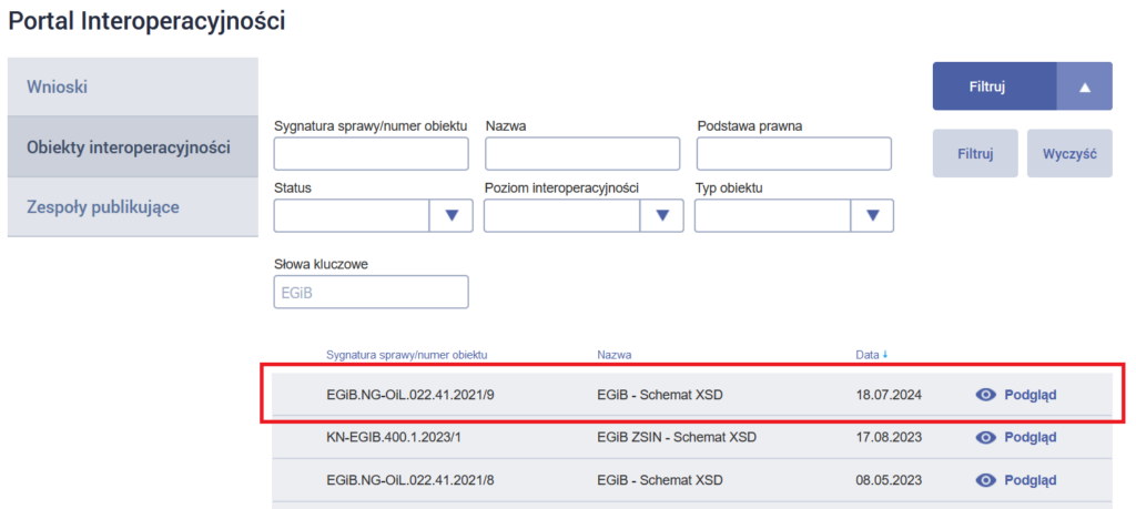 Rys. 1. Ilustracja przedstawia zrzut z ekranu serwisu epuap.gov.pl zakładka Portal Interoperacyjności, skąd moźna pobrać schematy aplikacyjne xsd.