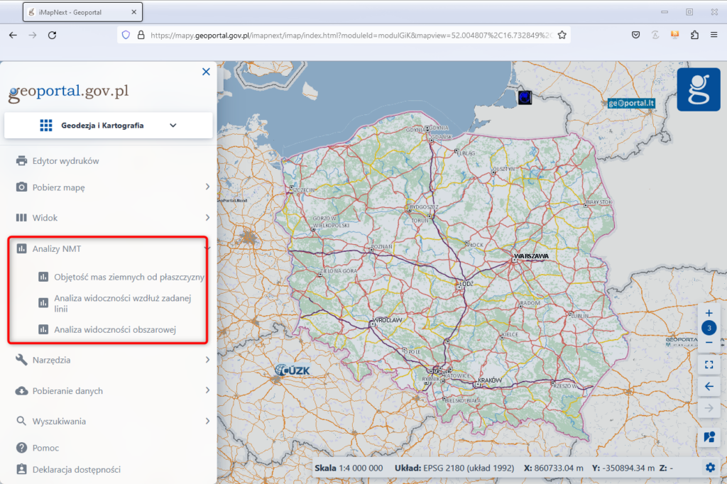 Ilustracja przedstawia lokalizację narzędzi do analiz NMT w module Geodezja i Kartografia