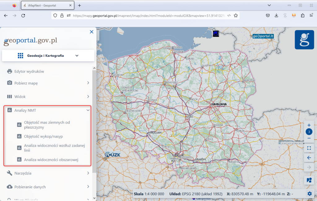 Rys1. Ilustracja przedstawia lokalizację narzędzi do analiz NMT w module Geodezja i Kartografia.