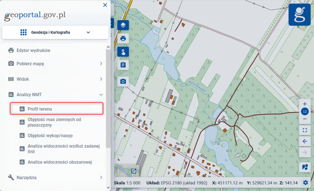 Rys1. Ilustracja przedstawia lokalizację narzędzia Profil terenu w module Geodezja i Kartografia.
