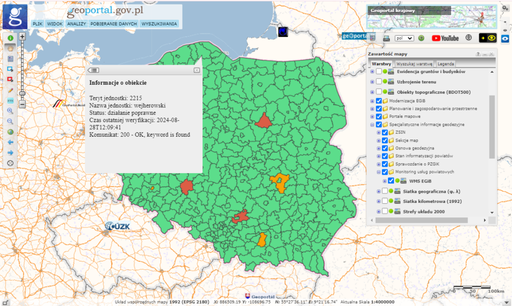 zrzut z serwisu wwww.geoportal.gov.pl prezentujący nową usługę monitoringu powiatowych usług WMS EGiB