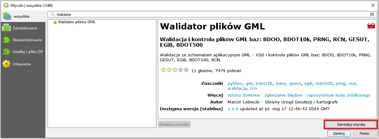 Wtyczka QGIS do walidacji i kontroli danych GML