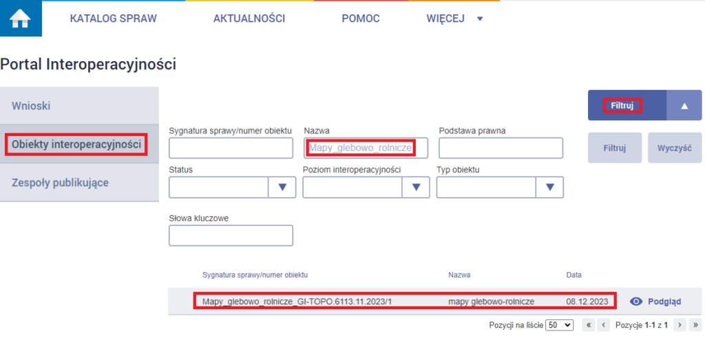 Przykład wyszukania schematu aplikacyjnego map glebowo-rolniczych w portalu interoperacyjności