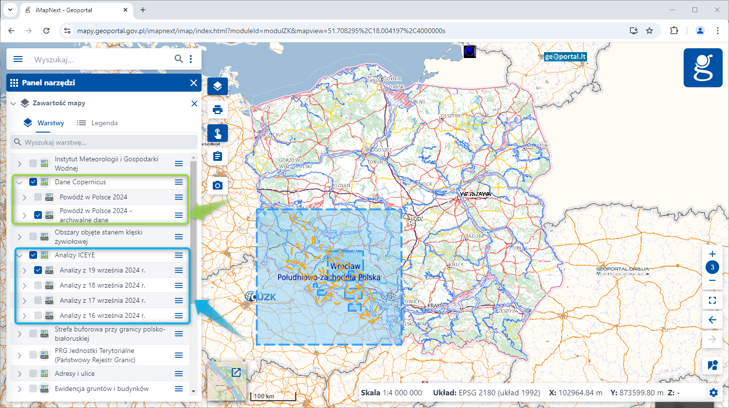 Analizy ICEYE oraz archiwalne dane powodziowe Copernicus dostępne w module „Zarządzanie Kryzysowe” w serwisie www.geoportal.gov.pl