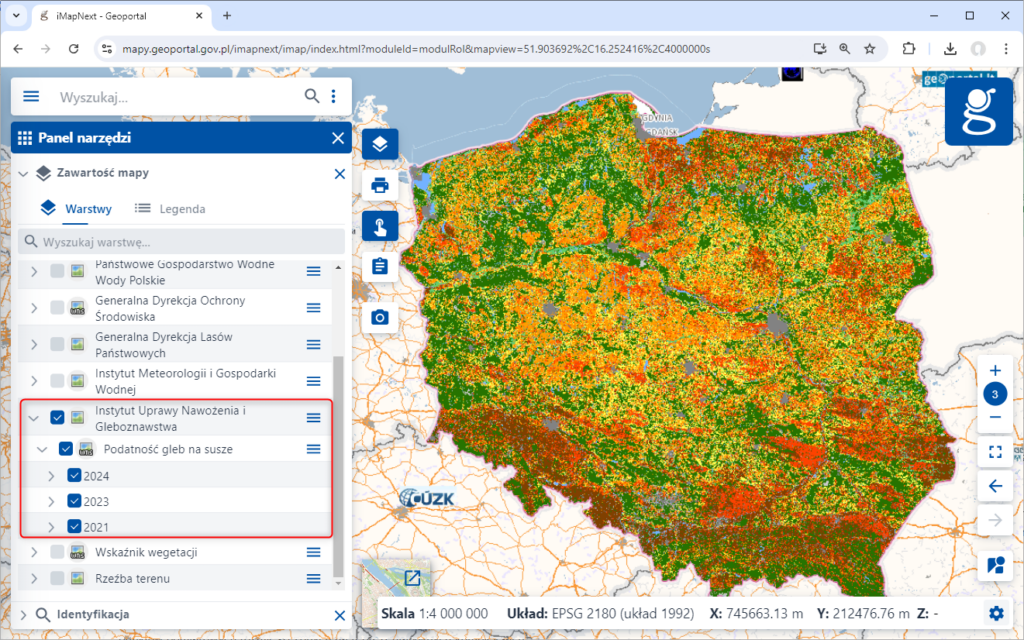 rys1 - zrzut z serwisu www.geoportal.gov.pl prezentujacy podłączoną usługę IUNG