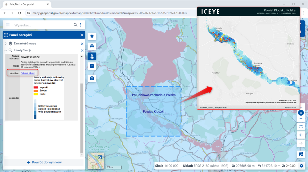 Zrzut ekranu prezentujący dane „Analizy ICEYE” z pobranym obrazem prezentującym analizę powodziową.
