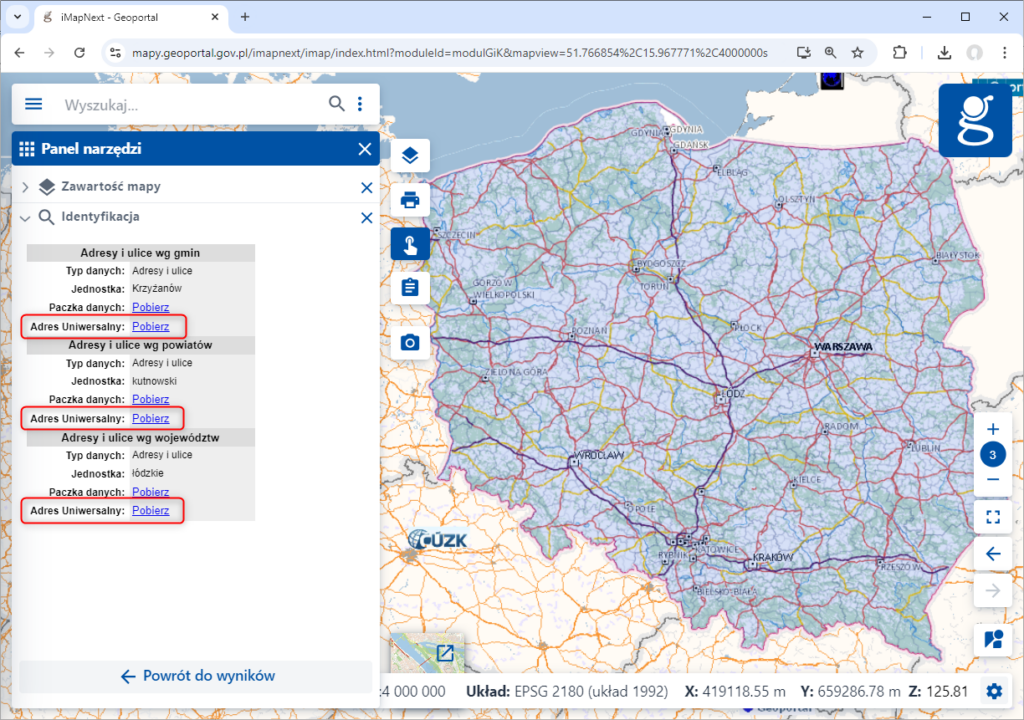 zrzut z serwisu www.geoportal.gov.pl przedstawiający możliwość pobrania punktu adresowego