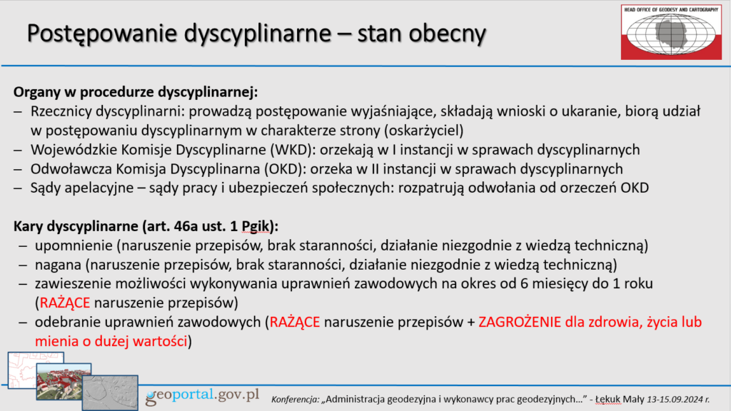 zrzut z prezentacji przedstawiciela GUGIK - Pana Marka Michalca: slajd dot. stanu obecnego dot. postępowań dyscyplinarnych w geodezji