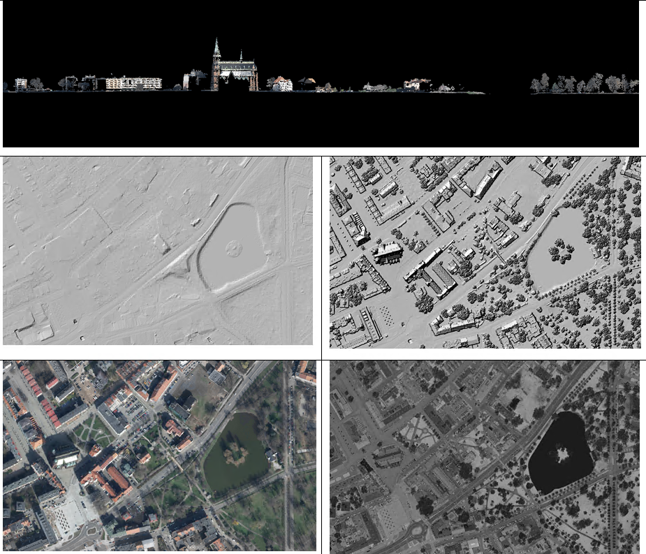 rys. 1-5 Ilustracja przedstawia zrzut z przekroju chmury punktów, zrzut numerycznego modelu terenu, zrzut numerycznego modelu pokrycia terenu, zrzut ortofotomapy, zrzut obrazów intensywności