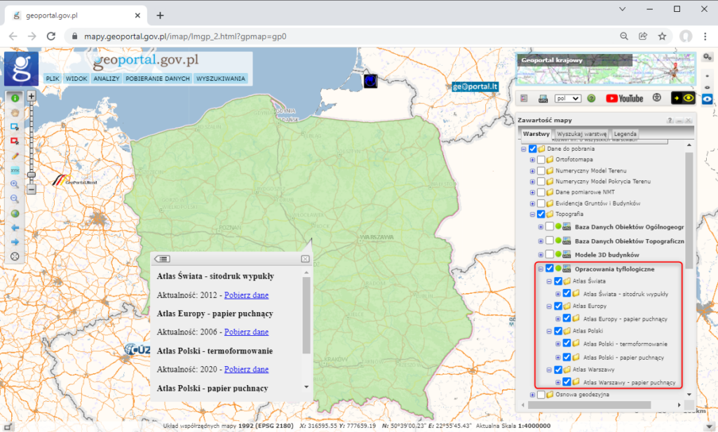 Zrzut ekranu z serwisu www.geoportal.gov.pl przedstawiający skorowidz umożliwiający pobranie map tyflologicznych