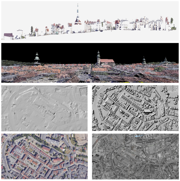 Rys. 1 Ilustracja przedstawia zrzuty z przekroju chmury punktów, numerycznego modelu terenu, numerycznego modelu pokrycia terenu, ortofotomapy, obrazów intensywności