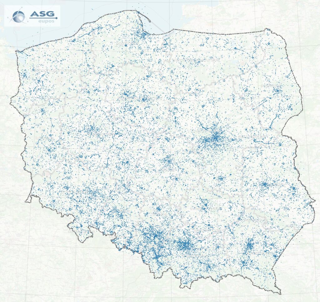 rys2 - Mapa prezentująca miejsca wykonywania pomiarów w oparciu o serwisy ASG-EUPOS