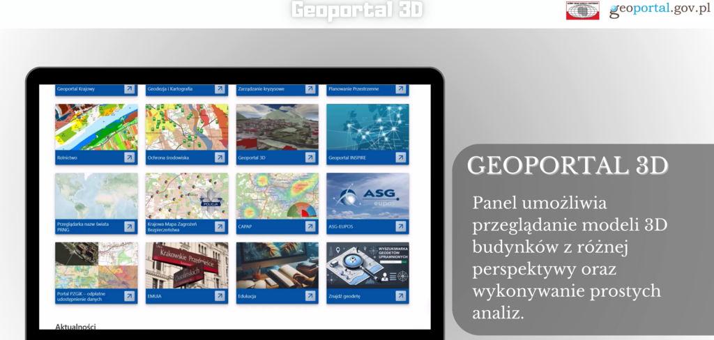 Zrzut ekranu ukazujący grafikę ze stroną startową serwisu www.geoportal gov.pl z opisem zawartości panelu "Geoportal 3D"