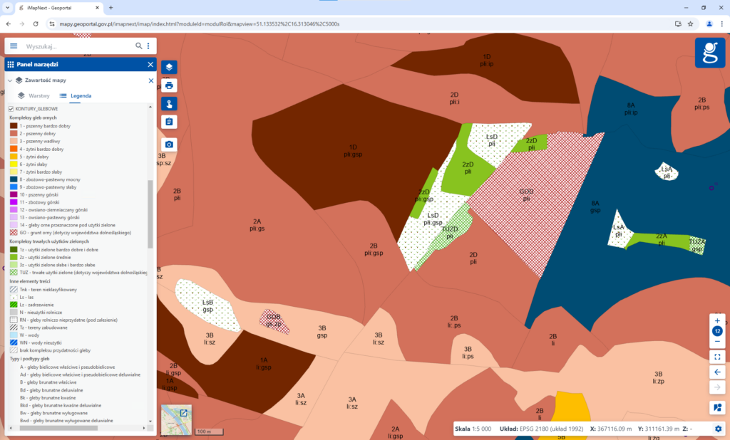 wizualizacja fragmentu mapy glebowo-rolniczej dla woj. dolnośląskiego.