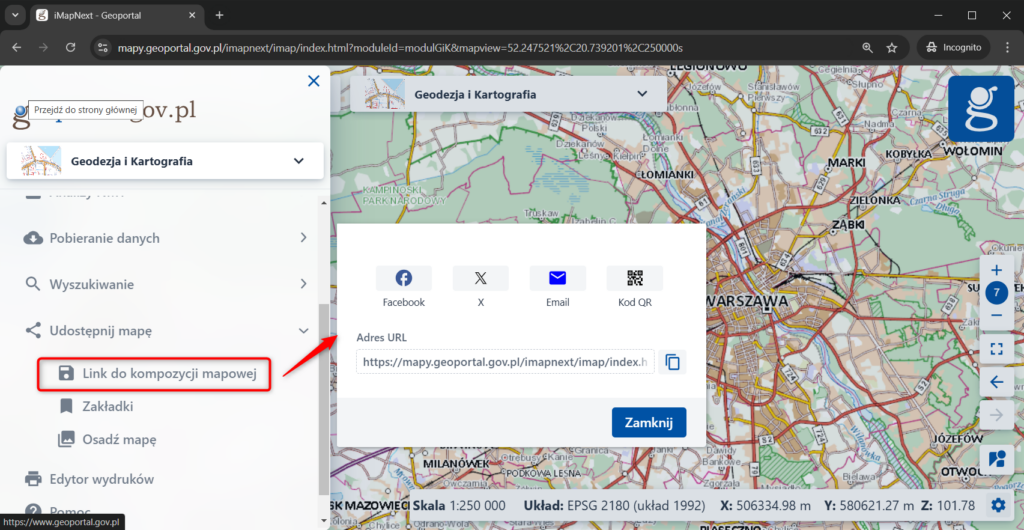 zrzut ekranu przedstawiający narzędzie "Link do kompozycji mapowej"