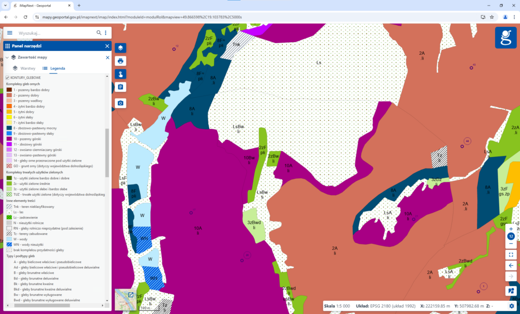 wizualizacja fragmentu mapy glebowo-rolniczej dla woj. śląskiego.