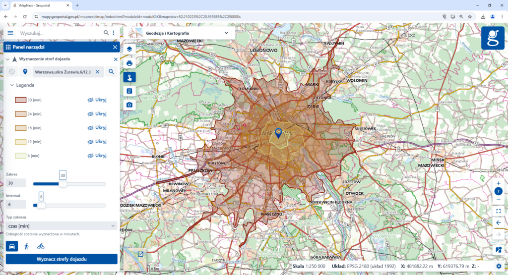 zrzut ekranu przedstawiający narzędzie "Wyznaczenie stref dojazdu"