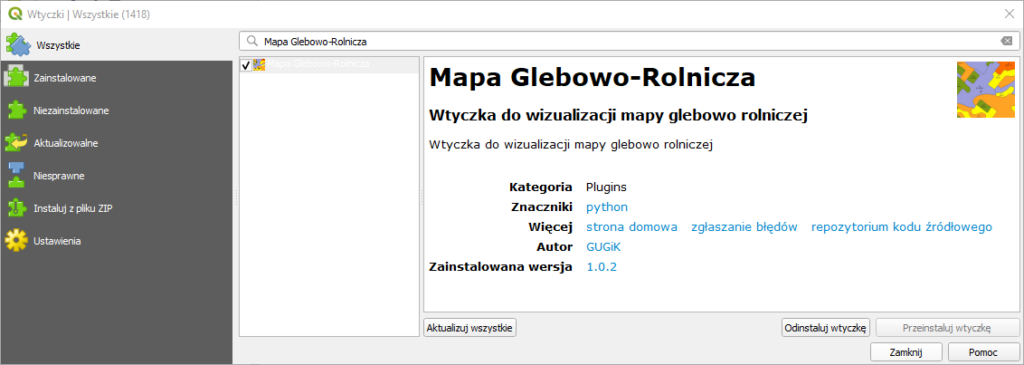 Ilustracja przedstawia zrzut okna instalacji wtyczki "Mapa Glebowo-Rolnicza" w oprogramowaniu QGIS