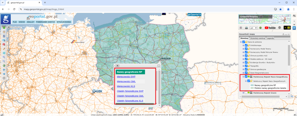 Ilustracja przedstawiająca zrzut ekranu z serwisu www.geoportal.gov.pl z uruchomioną usługą pobierania danych dotyczących nazw geograficznych RP poprzez skorowidze.